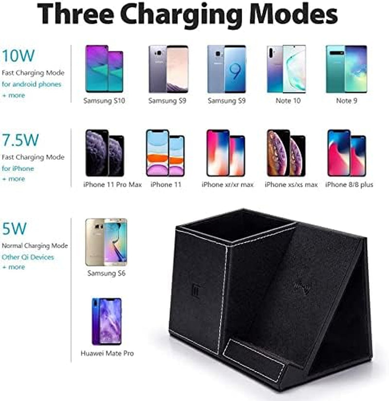 Wireless Charger Desk Stand Organizer, Wireless Charging Station, Desk Storage,10W Pen Holder Charger,For Iphone 15/14/ /13/12 Pro/11 Pro Max/Xs MAX/XR/XS/X/8, Galaxy Z/S20/Note 10/S10 plus (Black)